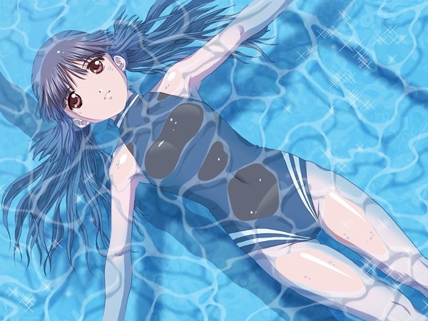 Anime picture 800x600 with tokimeki memorial tokimeki memorial only love yayoi mina nakahara kiyotaka single long hair light erotic black hair brown eyes game cg parted lips from above partially submerged covered navel looking up spread arms afloat girl swimsuit water