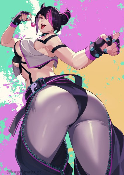 Anime picture 1736x2456 with street fighter capcom han juri kagematsuri single tall image fringe highres short hair breasts open mouth light erotic black hair large breasts standing holding signed ass nail polish pink eyes