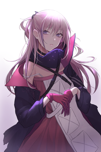 Anime-Bild 1087x1630 mit girls frontline st ar-15 (girls frontline) qb 516 single long hair tall image looking at viewer blush fringe simple background hair between eyes standing purple eyes payot pink hair parted lips multicolored hair off shoulder open jacket two-tone hair
