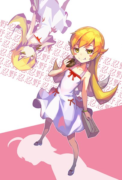 Anime picture 710x1046 with bakemonogatari shaft (studio) monogatari (series) oshino shinobu odibil single long hair tall image blush fringe blonde hair smile standing holding yellow eyes loli eating girl dress bow