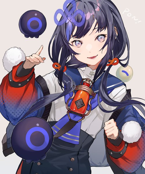 Anime picture 2000x2400 with virtual youtuber nijisanji ponto nei koujira single long hair tall image highres open mouth black hair smile purple eyes twintails upper body open jacket low twintails girl hair ornament jacket