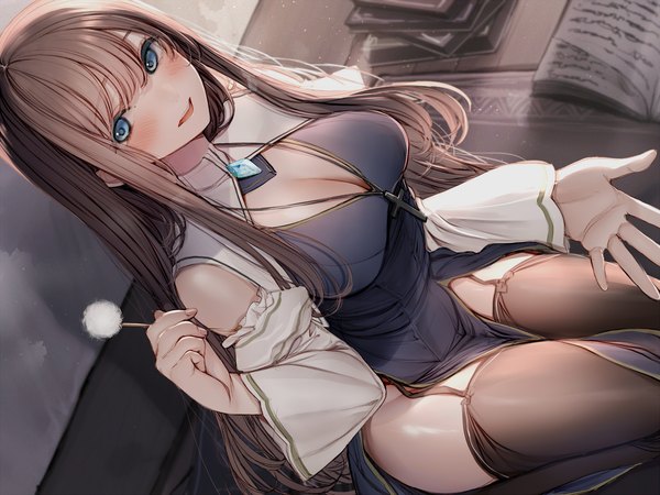 Anime picture 1500x1124 with original amane ruri single long hair looking at viewer blush fringe breasts open mouth blue eyes light erotic smile brown hair large breasts sitting bare shoulders holding cleavage bent knee (knees) indoors