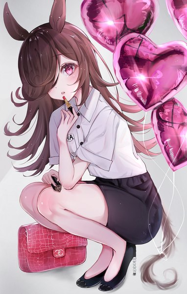 Anime picture 2610x4100 with umamusume chanel rice shower (umamusume) kaidayo oo single long hair tall image looking at viewer fringe highres brown hair animal ears full body tail animal tail pink eyes hair over one eye grey background high heels squat