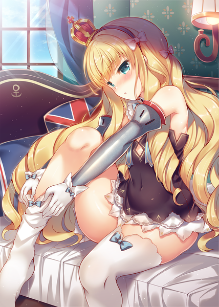 Anime picture 1289x1805 with azur lane queen elizabeth (azur lane) suzunone rena single long hair tall image blush light erotic blonde hair sitting bare shoulders aqua eyes covered navel dressing girl thighhighs dress bow white thighhighs bed