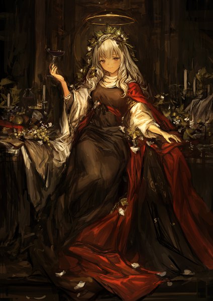 Anime picture 1400x1980 with original lm7 (op-center) single long hair tall image looking at viewer blush fringe red eyes sitting holding silver hair girl dress hair ornament plant (plants) food leaf (leaves) halo drink