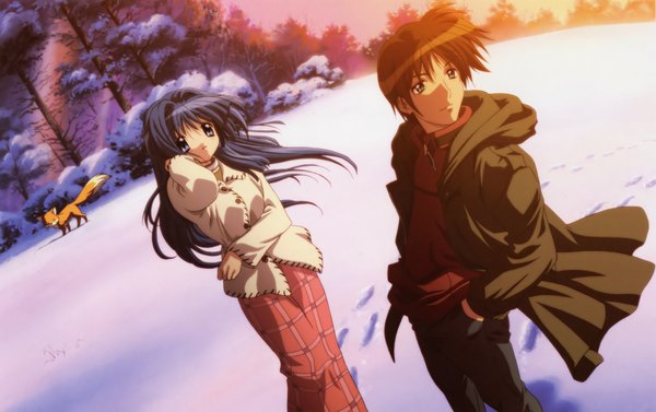 Anime picture 4053x2549 with kanon key (studio) minase nayuki aizawa yuuichi long hair highres short hair black hair brown hair absurdres sunlight winter hand in pocket girl boy tree (trees) forest fox