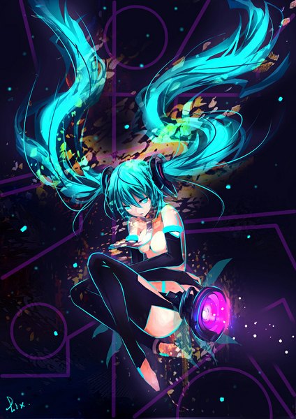 Аниме картинка 800x1133 с вокалоид vocaloid append хацунэ мику hatsune miku (append) zhuxiao517 один (одна) высокое изображение грудь открытый рот лёгкая эротика два хвостика голые плечи зелёные глаза подписанный смотрит в сторону согнутое колено (колени) очень длинные волосы зелёные волосы без лифчика голый живот