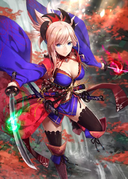 Anime picture 643x900 with fate (series) fate/grand order miyamoto musashi (fate) gabiran single long hair tall image looking at viewer blush fringe breasts blue eyes smile hair between eyes holding pink hair cleavage outdoors traditional clothes japanese clothes