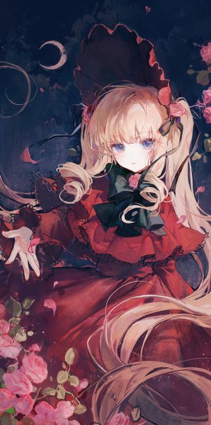 Anime picture 1582x3188 with rozen maiden shinku maccha (mochancc) single tall image blue eyes blonde hair twintails very long hair drill hair outstretched hand lolita fashion crescent girl dress flower (flowers) hat rose (roses) moon red dress