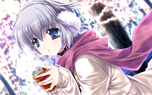 Anime picture 1024x640 with hatsukoi yohou (game) single short hair blue eyes wide image game cg grey hair girl headphones scarf tea