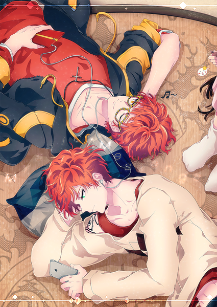 Anime picture 724x1023 with mystic messenger 707 (mystic messenger) captainqua tall image short hair smile green eyes yellow eyes red hair lying profile one eye closed multiple boys copyright name arm behind head boy glasses headphones hood 2 boys