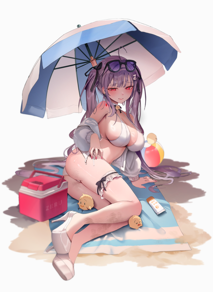 Anime-Bild 3800x5200 mit original zerocat single long hair tall image looking at viewer fringe highres breasts light erotic simple background red eyes white background twintails payot absurdres purple hair full body ahoge ass