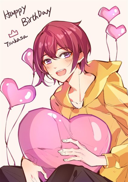 Anime picture 1200x1702 with ensemble stars! suou tsukasa melon z single tall image looking at viewer blush fringe short hair open mouth hair between eyes sitting purple eyes pink hair character names happy birthday boy hood hoodie balloon