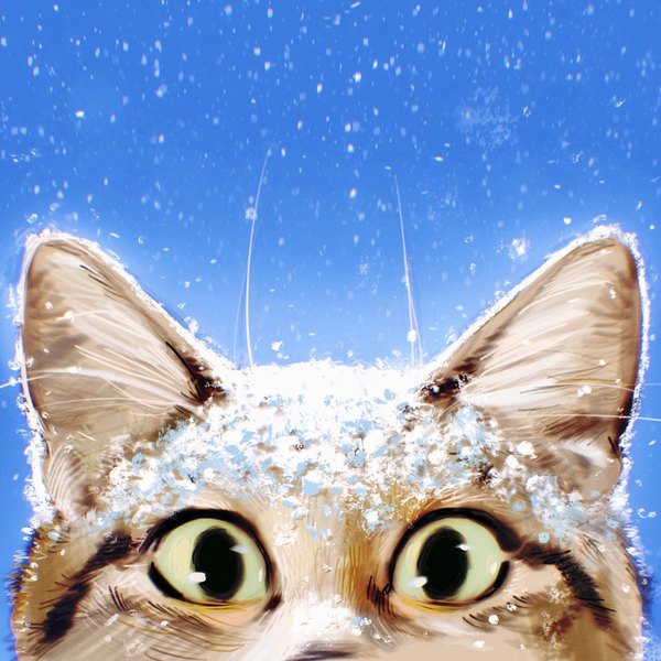 Anime picture 1500x1500 with original ilya kuvshinov looking at viewer sky snowing snow no people animal cat