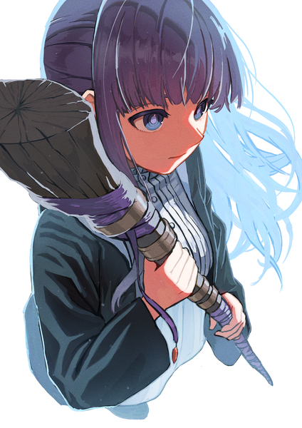 Anime picture 1158x1637 with sousou no frieren fern (sousou no frieren) neko (hansinn) single long hair tall image fringe blue eyes simple background white background looking away purple hair blunt bangs from above girl staff