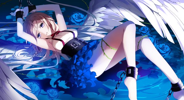 Anime picture 1200x654 with vocaloid ia (vocaloid) yuuki kira single long hair looking at viewer fringe breasts blonde hair wide image purple eyes payot bent knee (knees) braid (braids) parted lips head tilt barefoot arms up shadow armpit (armpits)