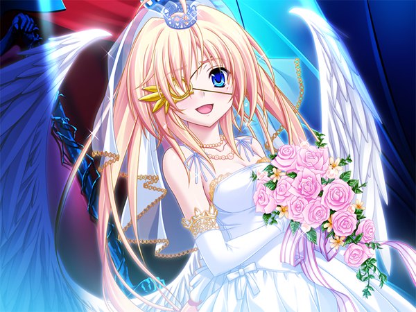 Anime picture 1024x768 with oresama no ragnarock tagme (character) long hair blue eyes blonde hair smile twintails game cg girl dress flower (flowers) wings white dress wedding dress bride