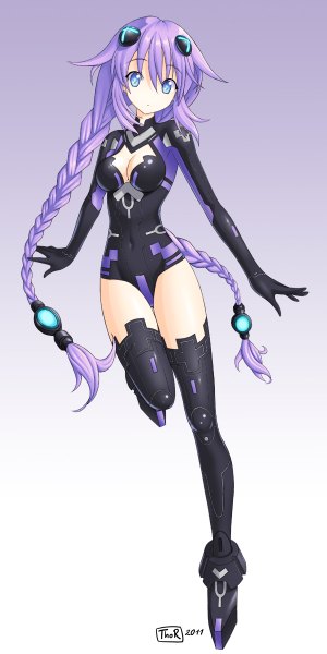 イラスト 600x1200 と 超次元ゲイムネプテューヌ hyperdimension neptunia mk2 パープルハート evilflesh (artist) ソロ 長身像 カメラ目線 青い目 simple background signed purple hair 三つ編み very long hair twin braids gradient background 女の子 ボディースーツ