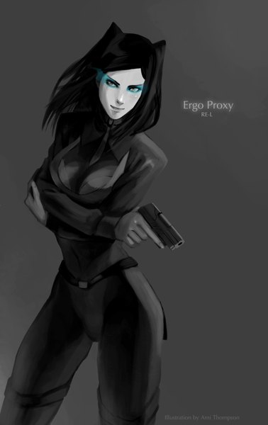 Anime picture 2200x3493 with ergo proxy re-l mayer ami thompson single long hair tall image highres black hair simple background inscription grey background glowing monochrome glowing eye (eyes) pale skin eyeshadow girl weapon gun
