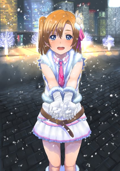 Anime picture 1020x1447 with love live! school idol project sunrise (studio) love live! kousaka honoka tetsujin momoko single long hair tall image blush fringe open mouth blue eyes blonde hair hair between eyes outdoors one side up city snowing winter city lights