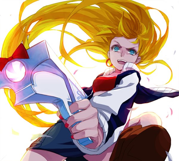 Anime picture 1009x907 with panty & stocking with garterbelt anarchy panty silverwing single long hair breasts open mouth simple background blonde hair white background holding nail polish aqua eyes fingernails glowing red nail polish crazy girl bow weapon
