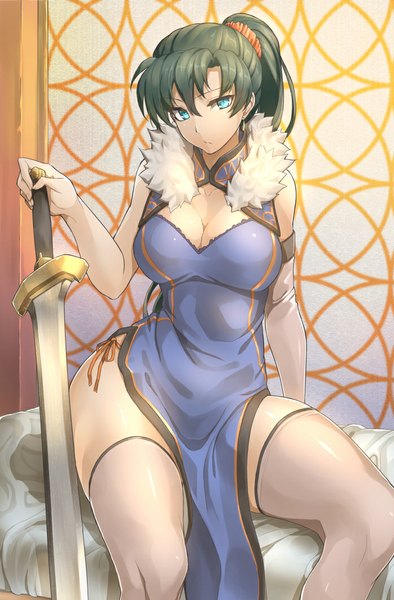 Anime picture 698x1061 with fire emblem fire emblem: the blazing blade nintendo lyndis (fire emblem) shinon (tokage shuryou) single long hair tall image looking at viewer breasts blue eyes light erotic sitting cleavage ponytail green hair fur trim thighs side slit wide hips