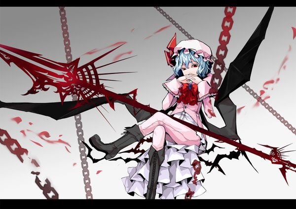 Anime picture 2000x1414 with touhou remilia scarlet sindre (artist) single highres short hair red eyes blue hair letterboxed girl dress weapon wings boots bowtie chain jewelry bonnet spear the gungnir