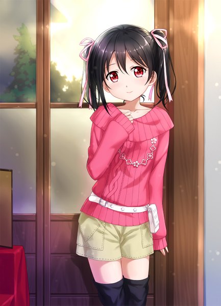 Anime picture 1020x1414 with love live! school idol project sunrise (studio) love live! yazawa nico tucana single tall image looking at viewer short hair black hair red eyes twintails indoors girl thighhighs ribbon (ribbons) black thighhighs hair ribbon shorts belt
