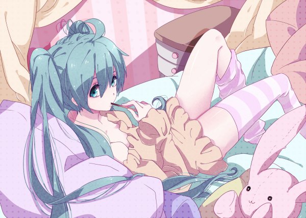 Anime picture 1200x856 with vocaloid hatsune miku single long hair twintails ahoge aqua eyes aqua hair reclining girl thighhighs sweets pillow toy stuffed animal striped thighhighs bunny pocky