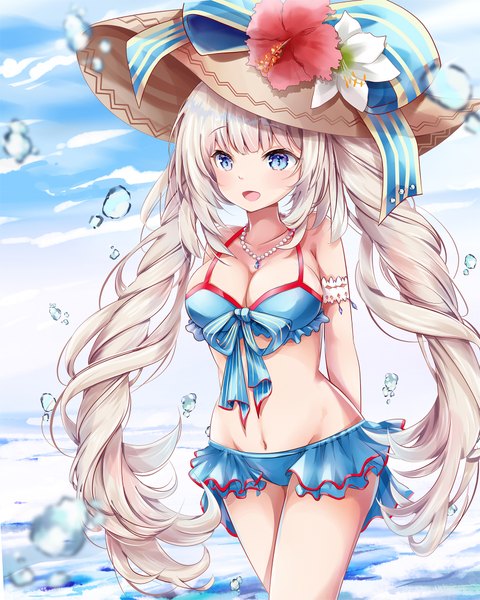 Anime picture 1700x2125 with fate (series) fate/grand order marie antoinette (fate/grand order) marie antoinette (swimsuit caster) (fate) mutang single tall image blush fringe breasts open mouth blue eyes light erotic large breasts standing twintails bare shoulders payot looking away sky
