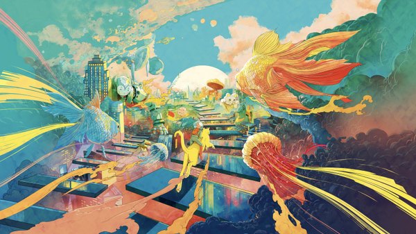 Anime picture 3000x1688 with original kudamono790 highres wide image sky cloud (clouds) city cityscape riding panorama surreal animal building (buildings) cat fish (fishes) ice cream helmet planet robot road