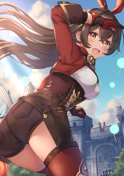 Anime picture 849x1200 with genshin impact amber (genshin impact) yuririn poi single long hair tall image blush fringe open mouth light erotic smile hair between eyes brown hair standing looking away sky cloud (clouds) outdoors :d wind