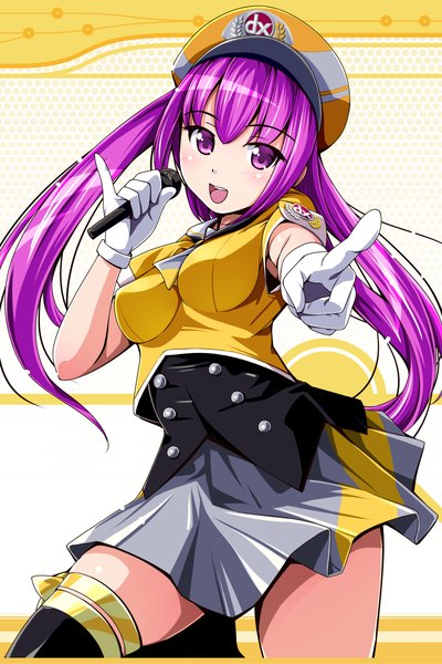 Anime picture 800x1200 with beatmania beatmania iidx matsunaga kouyou single long hair tall image blush open mouth twintails purple eyes purple hair girl thighhighs dress gloves black thighhighs hat white gloves microphone cabbie hat