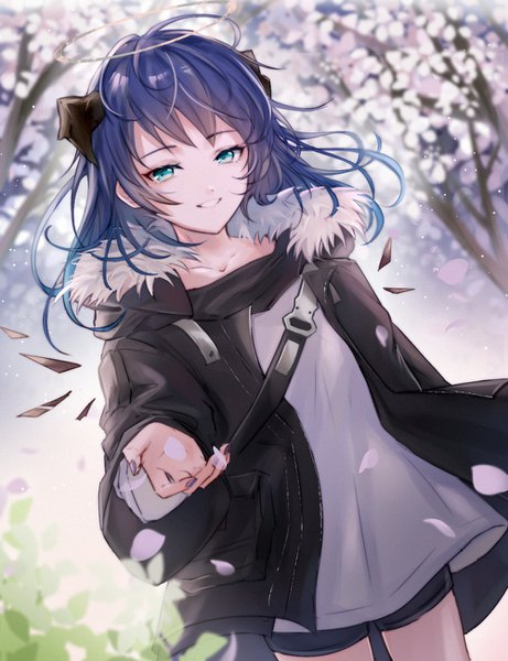 Anime picture 1000x1300 with arknights mostima (arknights) haku wi single long hair tall image looking at viewer smile blue hair outdoors horn (horns) aqua eyes open jacket cherry blossoms outstretched hand girl plant (plants) petals wings tree (trees)