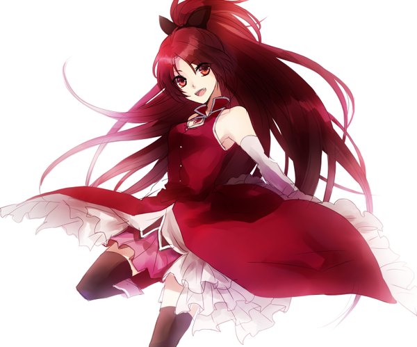 Anime picture 1580x1316 with mahou shoujo madoka magica shaft (studio) sakura kyouko otsuki (artist) long hair open mouth simple background red eyes white background bare shoulders ponytail red hair girl thighhighs dress black thighhighs red dress