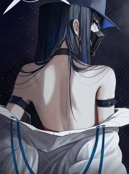 Anime picture 2086x2799 with blue archive saori (blue archive) hidulume single long hair tall image highres blue eyes light erotic black hair simple background looking away upper body from behind off shoulder back black background bare back girl mask