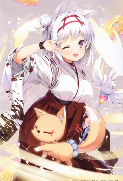 Anime picture 2319x3398 with original senji (tegone spike) single tall image looking at viewer blush fringe highres short hair open mouth purple eyes animal ears white hair traditional clothes japanese clothes one eye closed wink scan hair bun (hair buns) magic