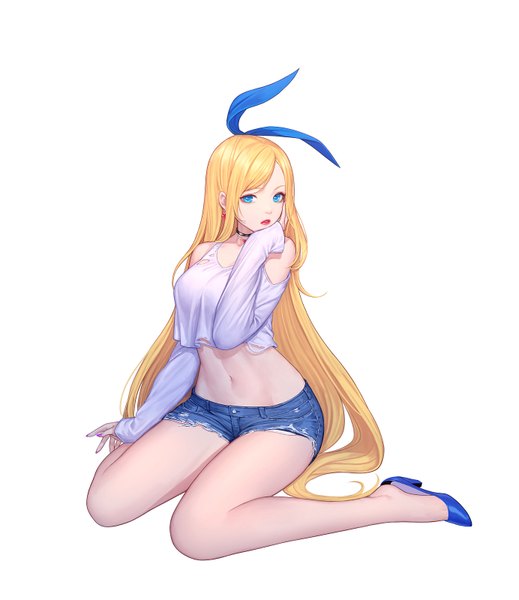 Anime picture 1384x1600 with original siun single long hair tall image looking at viewer fringe breasts blue eyes simple background blonde hair large breasts white background sitting bare shoulders full body bent knee (knees) nail polish parted lips off shoulder