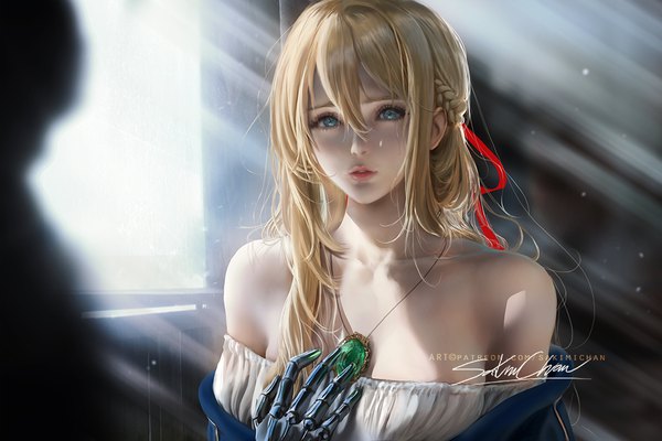 Anime picture 1000x667 with violet evergarden kyoto animation violet evergarden (character) sakimichan single long hair looking at viewer blush fringe breasts blue eyes blonde hair hair between eyes bare shoulders signed upper body braid (braids) parted lips lips sunlight