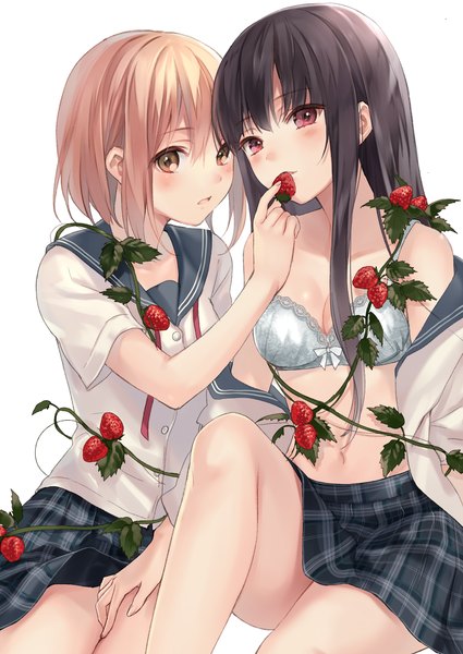 Anime picture 1024x1447 with original fukahire (ruinon) long hair tall image blush short hair light erotic black hair blonde hair red eyes white background multiple girls brown eyes open clothes open shirt shoujo ai girl skirt navel 2 girls