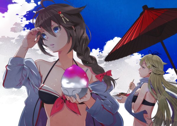 Anime picture 1511x1074 with kantai collection shigure destroyer yuudachi destroyer kuso bba long hair fringe blue eyes black hair blonde hair red eyes bare shoulders multiple girls holding looking away sky cloud (clouds) ahoge braid (braids) parted lips open clothes