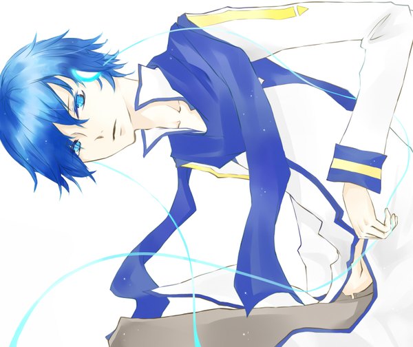Anime picture 1500x1260 with vocaloid kaito (vocaloid) heki hara single short hair blue eyes white background blue hair open collar boy headphones scarf wire (wires)