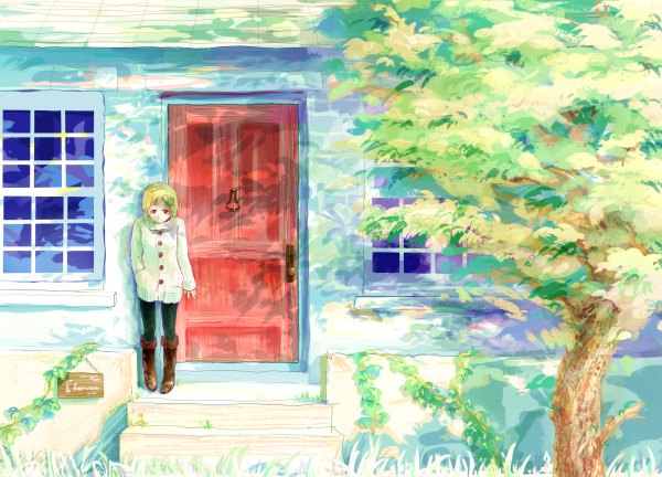 Anime picture 1200x864 with original he (artist) single short hair blonde hair standing brown eyes sunlight shadow nature girl hair ornament plant (plants) pantyhose tree (trees) window hairclip sweater grass stairs