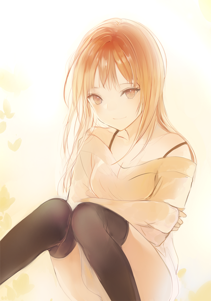 Anime picture 600x854 with original lpip single long hair tall image looking at viewer blush fringe light erotic blonde hair sitting bare shoulders bent knee (knees) long sleeves light smile orange hair grey eyes orange eyes hug light