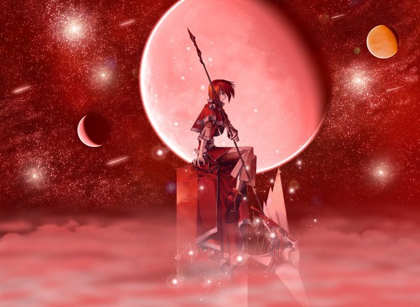 Anime picture 1600x1173 with lagoon engine sugisaki yukiru short hair sitting red hair profile wallpaper red background space fog girl boots moon scythe planet