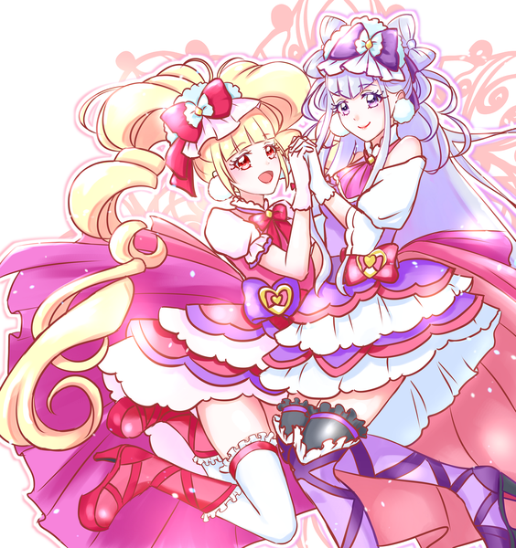 イラスト 2921x3110 と プリキュア hugっと!プリキュア 東映アニメーション ルールー・アムール 愛崎えみる キュアアムール キュアマシェリ まき (pixiv11945640) 長身像 前髪 highres 金髪 笑顔 赤い目 紫目 ツインテール multiple girls payot purple hair blunt bangs