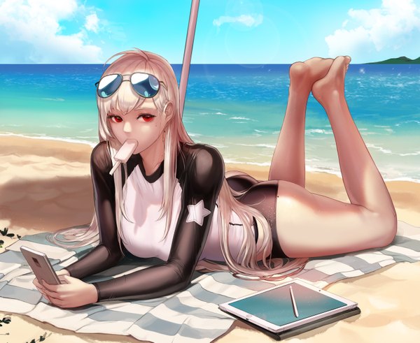 Anime picture 6000x4915 with dungeon and fighter monaim single long hair looking at viewer fringe highres breasts light erotic red eyes holding absurdres sky cloud (clouds) ass outdoors white hair lying long sleeves barefoot