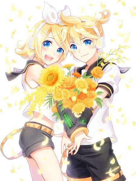 Anime picture 750x1000 with vocaloid kagamine rin kagamine len koyama rikako tall image looking at viewer blush short hair open mouth blue eyes blonde hair ponytail siblings twins sailor collar girl boy flower (flowers) bow hair bow