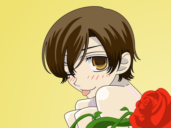 Anime picture 1600x1200 with ouran high school host club studio bones fujioka haruhi single looking at viewer blush fringe short hair simple background brown hair brown eyes one eye closed wink :o eyebrows vector yellow background girl flower (flowers) rose (roses)