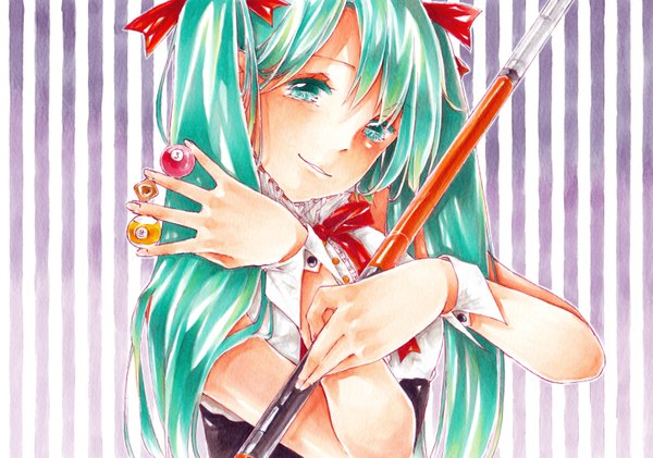 Anime picture 1527x1073 with vocaloid hatsune miku kawana (spicaboy) single long hair looking at viewer blush smile twintails aqua eyes aqua hair striped purple background striped background girl ribbon (ribbons) hair ribbon wrist cuffs cue stick cue ball
